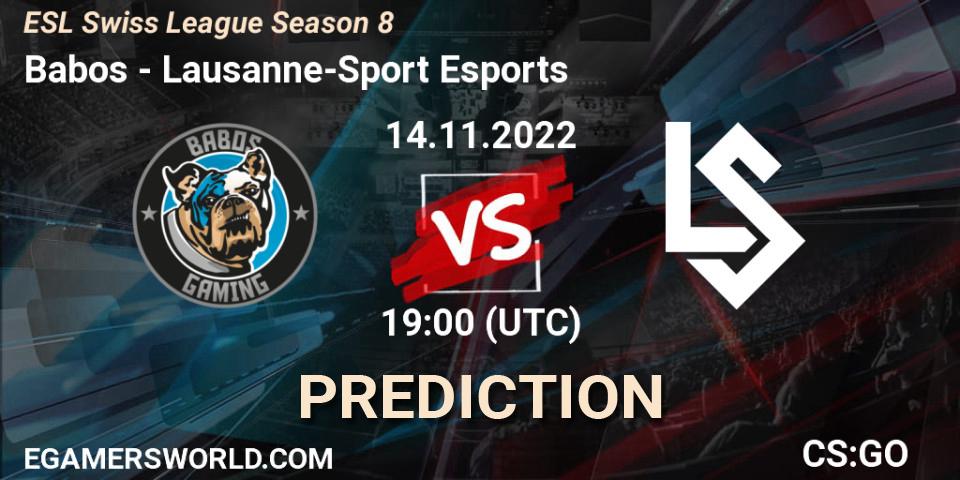Pronósticos Babos - Lausanne-Sport Esports. 14.11.2022 at 19:00. ESL Swiss League Season 8 - Counter-Strike (CS2)