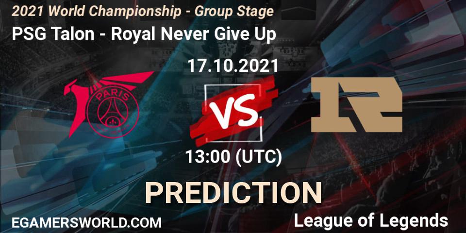 Pronósticos PSG Talon - Royal Never Give Up. 17.10.2021 at 13:05. 2021 World Championship - Group Stage - LoL