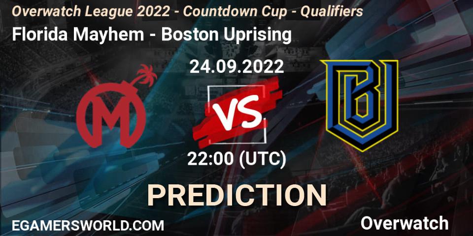Pronósticos Florida Mayhem - Boston Uprising. 24.09.2022 at 22:00. Overwatch League 2022 - Countdown Cup - Qualifiers - Overwatch