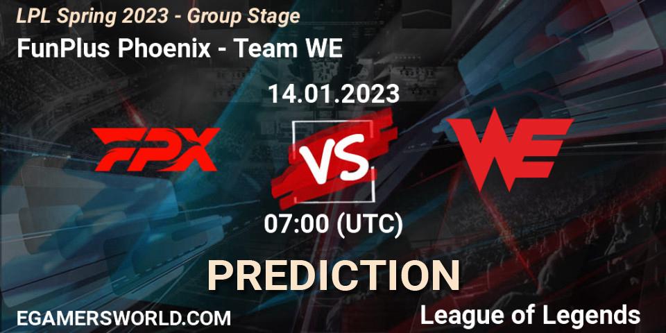 Pronósticos FunPlus Phoenix - Team WE. 14.01.2023 at 07:00. LPL Spring 2023 - Group Stage - LoL