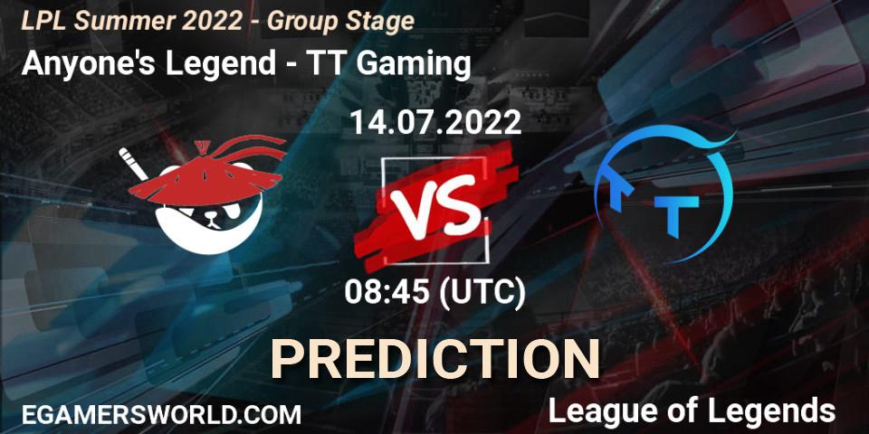Pronósticos Anyone's Legend - TT Gaming. 14.07.22. LPL Summer 2022 - Group Stage - LoL