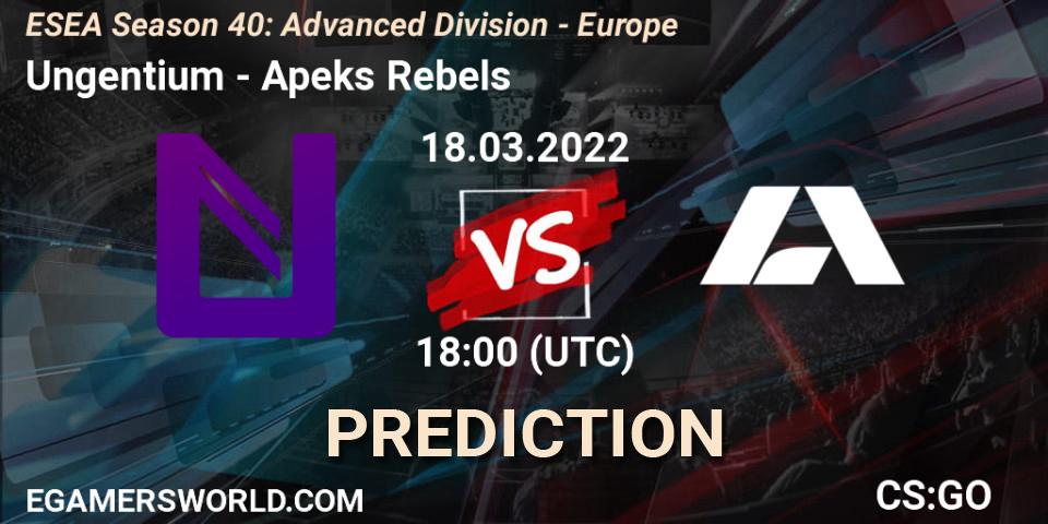 Pronósticos Ungentium - Apeks Rebels. 18.03.2022 at 18:00. ESEA Season 40: Advanced Division - Europe - Counter-Strike (CS2)
