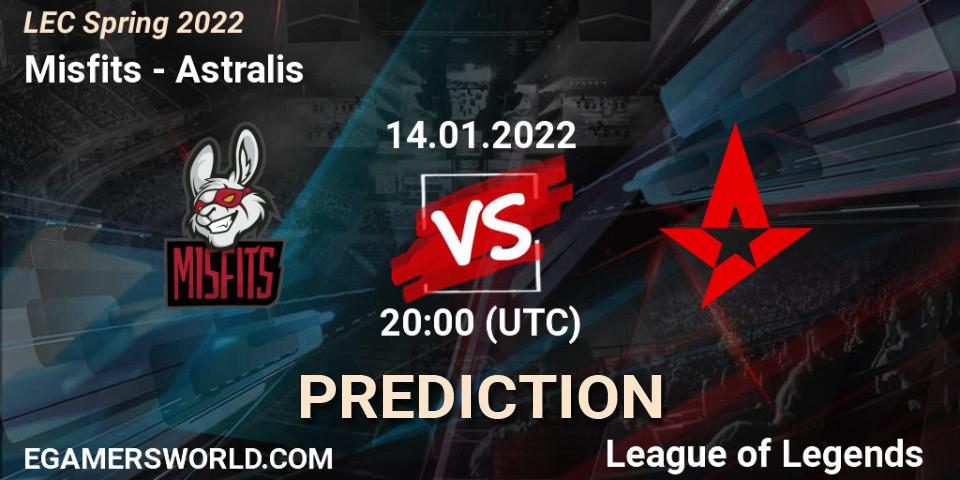 Pronósticos Misfits - Astralis. 14.01.2022 at 20:00. LEC Spring 2022 - Group Stage - LoL