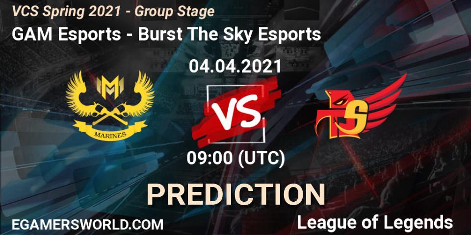 Pronósticos GAM Esports - Burst The Sky Esports. 04.04.2021 at 10:00. VCS Spring 2021 - Group Stage - LoL