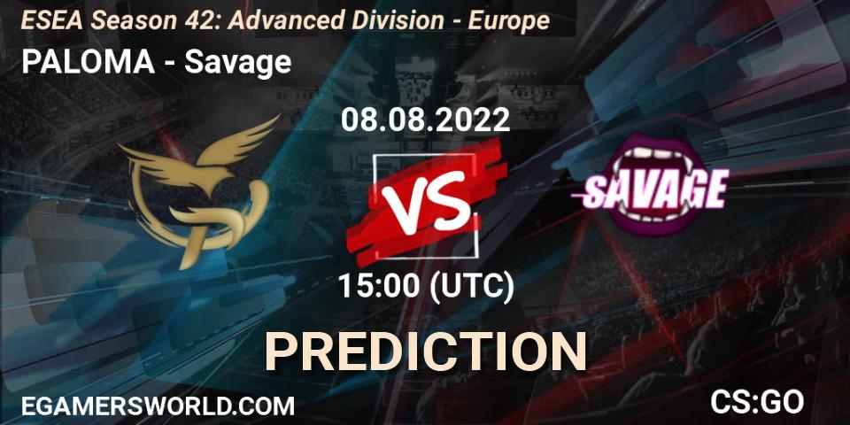 Pronósticos PALOMA - Savage. 08.08.2022 at 15:00. ESEA Season 42: Advanced Division - Europe - Counter-Strike (CS2)
