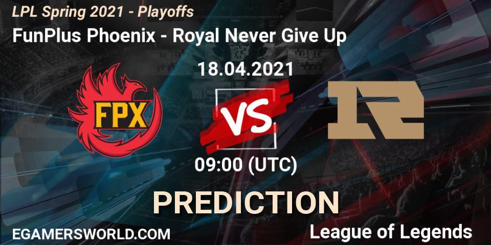 Pronósticos FunPlus Phoenix - Royal Never Give Up. 18.04.2021 at 09:00. LPL Spring 2021 - Playoffs - LoL