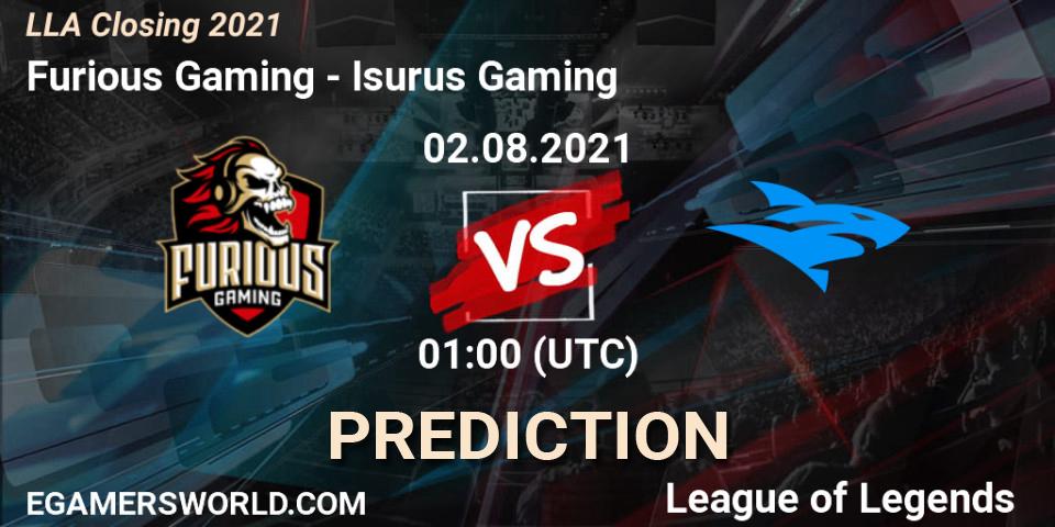 Pronósticos Furious Gaming - Isurus Gaming. 02.08.21. LLA Closing 2021 - LoL