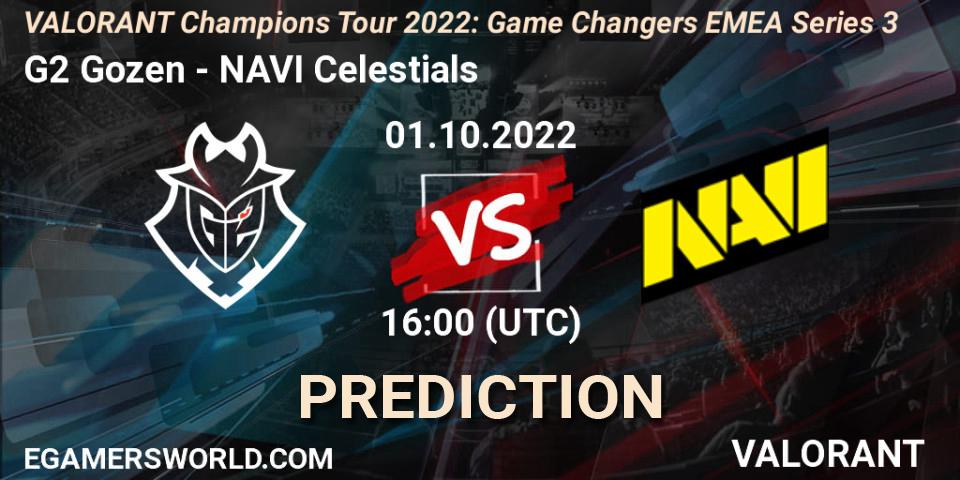 Pronósticos G2 Gozen - NAVI Celestials. 01.10.2022 at 16:00. VCT 2022: Game Changers EMEA Series 3 - VALORANT
