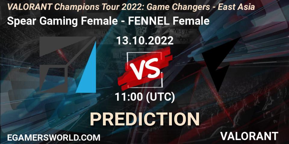 Pronósticos Spear Gaming Female - FENNEL Female. 13.10.2022 at 11:00. VCT 2022: Game Changers - East Asia - VALORANT