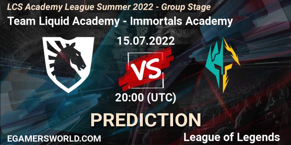 Pronósticos Team Liquid Academy - Immortals Academy. 15.07.2022 at 20:00. LCS Academy League Summer 2022 - Group Stage - LoL