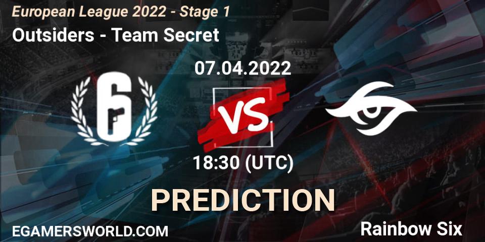 Pronósticos Outsiders - Team Secret. 07.04.2022 at 16:00. European League 2022 - Stage 1 - Rainbow Six