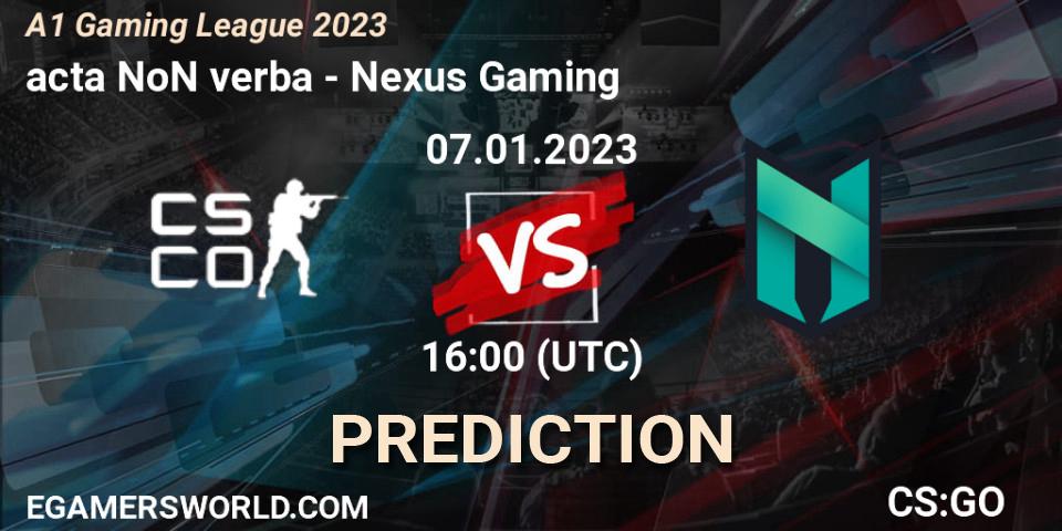 Pronósticos acta NoN verba - Nexus Gaming. 07.01.2023 at 16:00. A1 Gaming League 2023 - Counter-Strike (CS2)