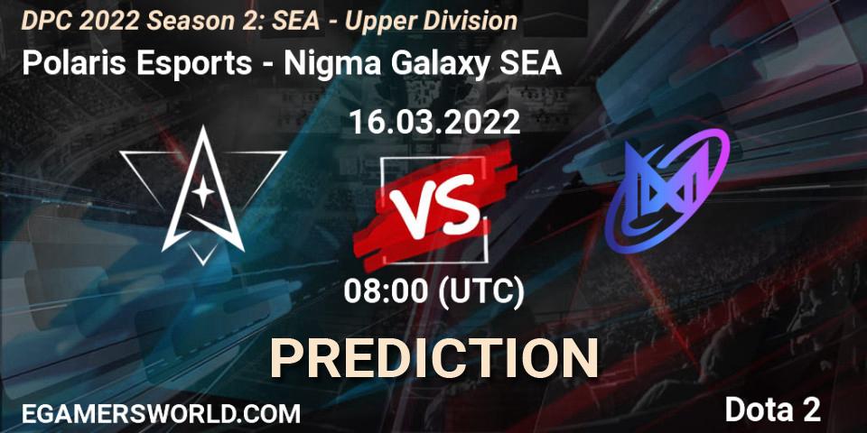 Pronósticos Polaris Esports - Nigma Galaxy SEA. 16.03.2022 at 07:20. DPC 2021/2022 Tour 2 (Season 2): SEA Division I (Upper) - Dota 2