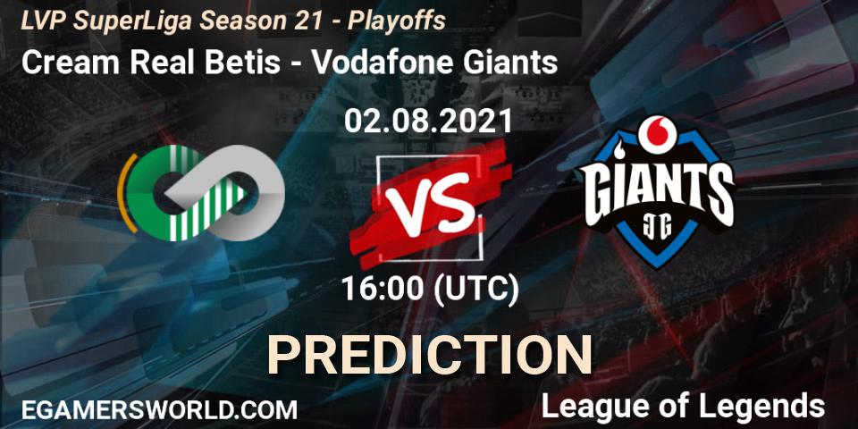 Pronósticos Cream Real Betis - Vodafone Giants. 02.08.2021 at 16:00. LVP SuperLiga Season 21 - Playoffs - LoL