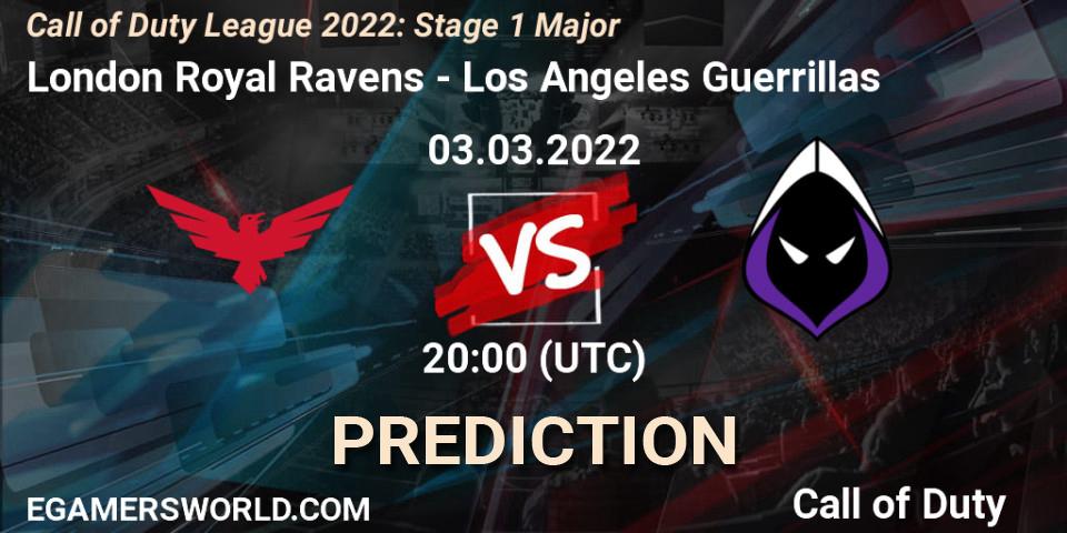 Pronósticos London Royal Ravens - Los Angeles Guerrillas. 03.03.2022 at 20:00. Call of Duty League 2022: Stage 1 Major - Call of Duty