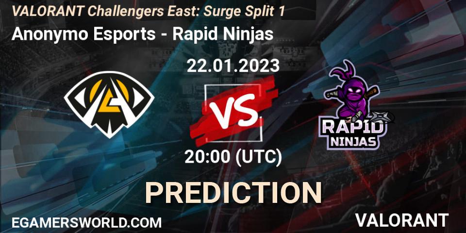 Pronósticos Anonymo Esports - Rapid Ninjas. 22.01.2023 at 20:40. VALORANT Challengers 2023 East: Surge Split 1 - VALORANT