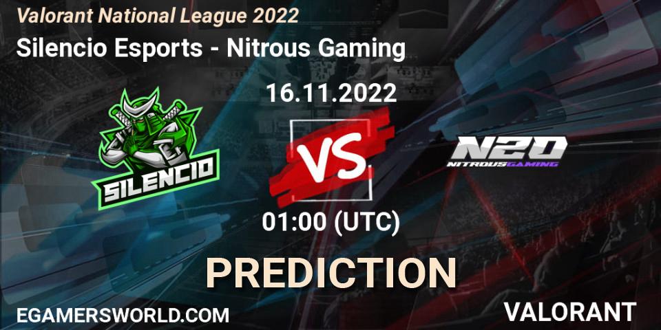 Pronósticos Silencio Esports - Nitrous Gaming. 16.11.2022 at 01:30. Valorant National League 2022 - VALORANT