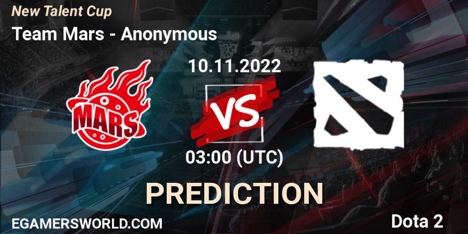 Pronósticos Team Mars - Anonymous. 10.11.2022 at 03:08. New Talent Cup - Dota 2
