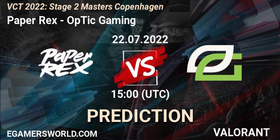 Pronósticos Paper Rex - OpTic Gaming. 22.07.2022 at 15:15. VCT 2022: Stage 2 Masters Copenhagen - VALORANT