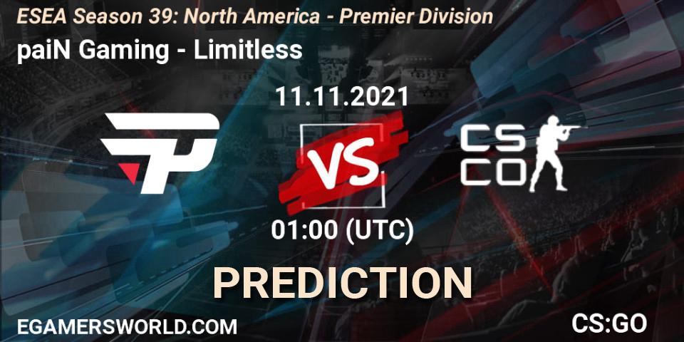 Pronósticos paiN Gaming - Limitless. 11.11.2021 at 01:00. ESEA Season 39: North America - Premier Division - Counter-Strike (CS2)