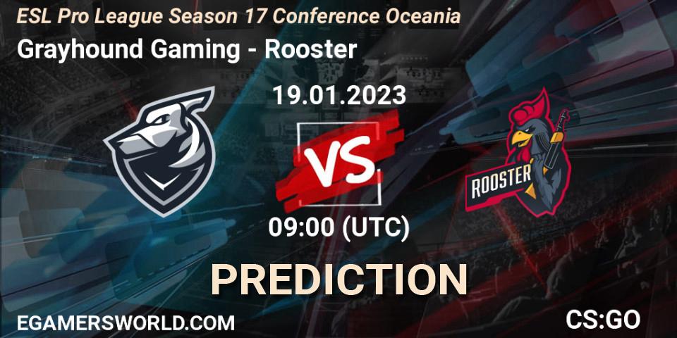 Pronósticos Grayhound Gaming - Rooster. 19.01.2023 at 09:00. ESL Pro League Season 17 Conference Oceania - Counter-Strike (CS2)