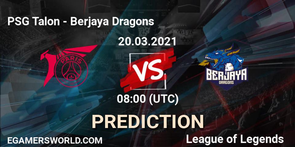 Pronósticos PSG Talon - Berjaya Dragons. 20.03.2021 at 09:30. PCS Spring 2021 - Group Stage - LoL