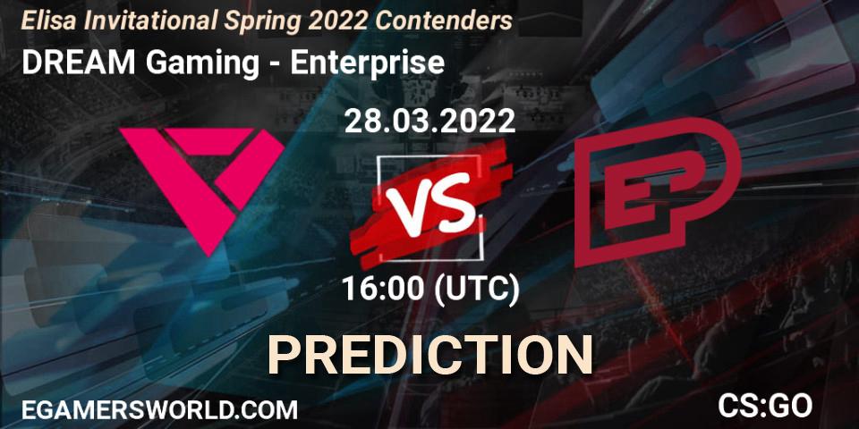 Pronósticos DREAM Gaming - Enterprise. 28.03.2022 at 16:30. Elisa Invitational Spring 2022 Contenders - Counter-Strike (CS2)