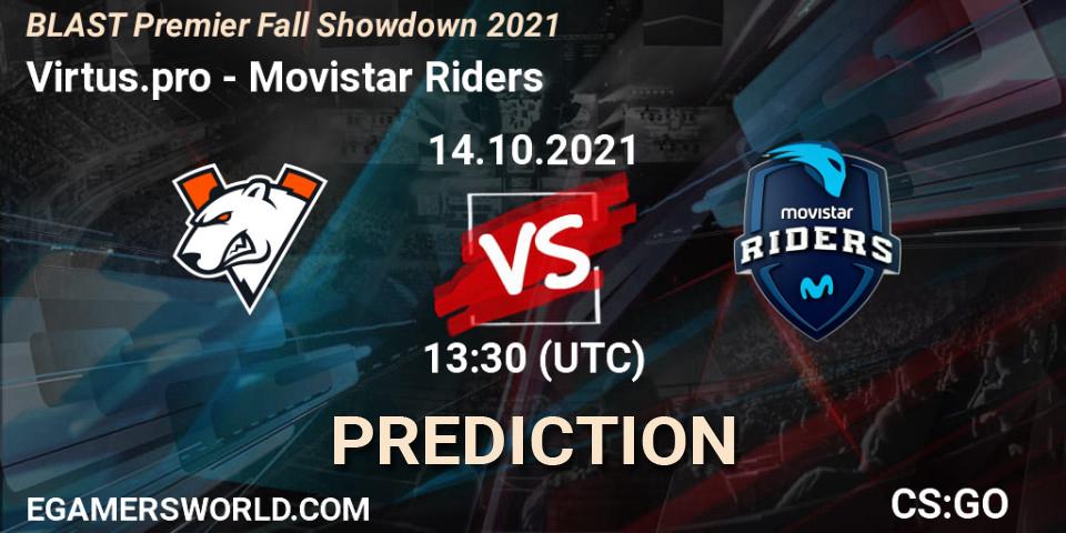 Pronósticos Virtus.pro - Movistar Riders. 14.10.2021 at 13:30. BLAST Premier Fall Showdown 2021 - Counter-Strike (CS2)