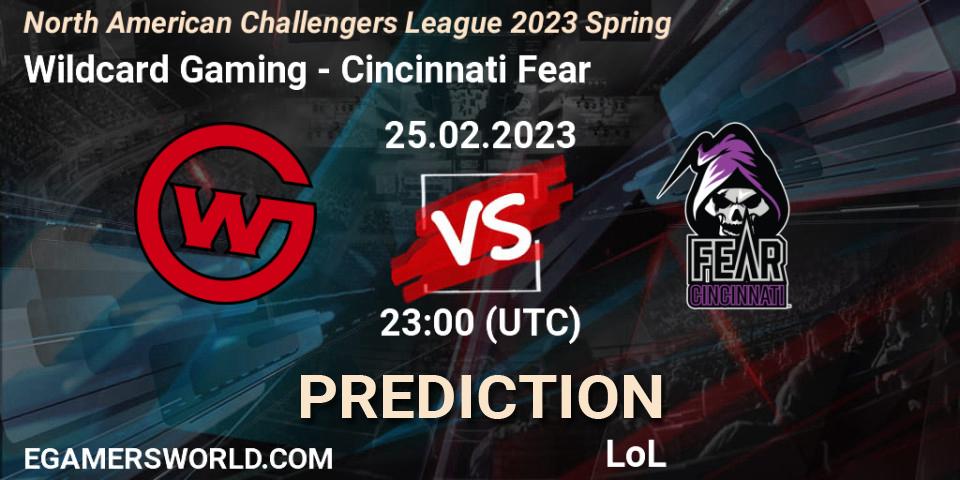 Pronósticos Wildcard Gaming - Cincinnati Fear. 25.02.2023 at 23:00. NACL 2023 Spring - Group Stage - LoL