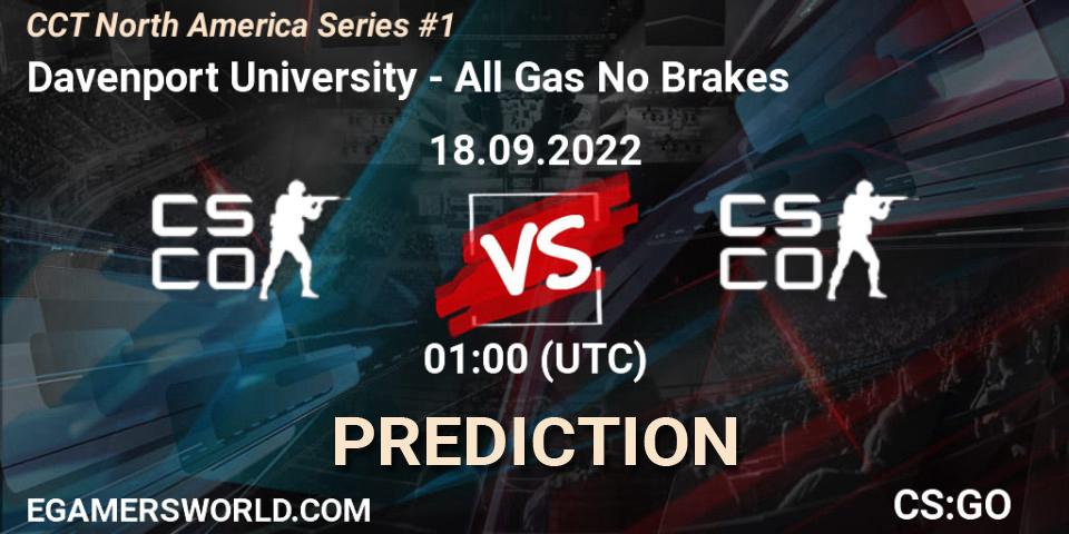 Pronósticos Davenport University - All Gas No Brakes. 18.09.2022 at 01:00. CCT North America Series #1 - Counter-Strike (CS2)