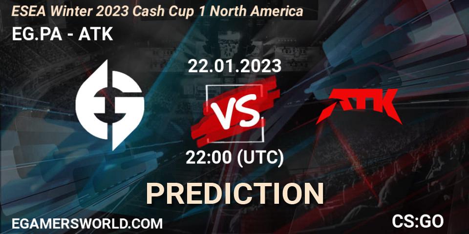Pronósticos EG.PA - ATK. 22.01.2023 at 22:05. ESEA Cash Cup: North America - Winter 2023 #1 - Counter-Strike (CS2)