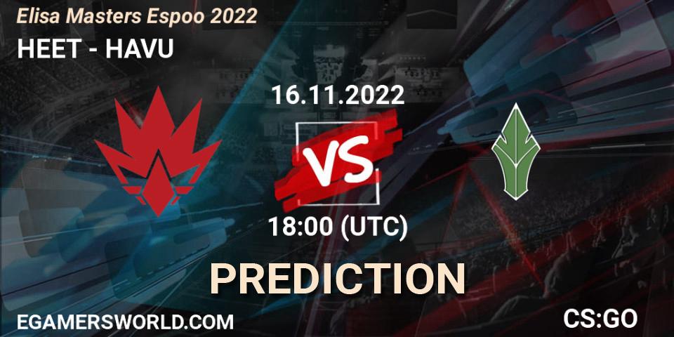 Pronósticos HEET - HAVU. 16.11.2022 at 22:05. Elisa Masters Espoo 2022 - Counter-Strike (CS2)