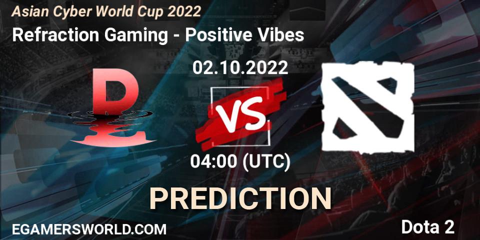 Pronósticos Refraction Gaming - Positive Vibes. 02.10.2022 at 04:14. Asian Cyber World Cup 2022 - Dota 2