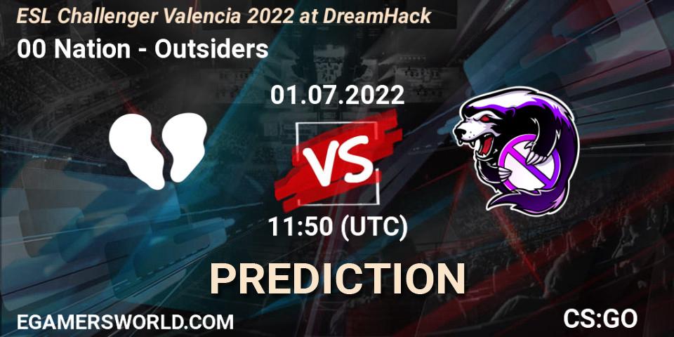 Pronósticos 00 Nation - Outsiders. 01.07.2022 at 12:00. ESL Challenger Valencia 2022 at DreamHack - Counter-Strike (CS2)