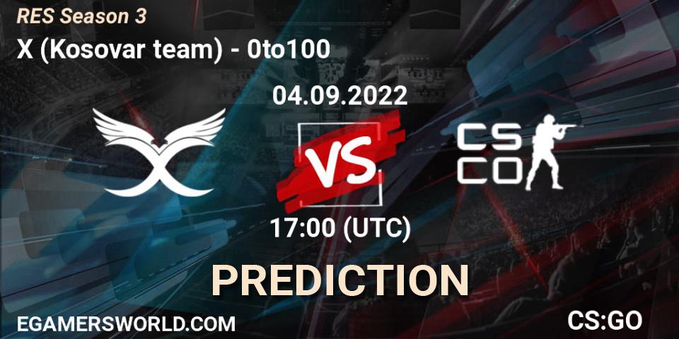 Pronósticos X (Kosovar team) - 0to100. 04.09.2022 at 17:00. RES Season 3 - Counter-Strike (CS2)