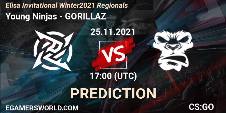 Pronósticos Young Ninjas - GORILLAZ. 25.11.2021 at 17:00. Elisa Invitational Winter 2021 Regionals - Counter-Strike (CS2)