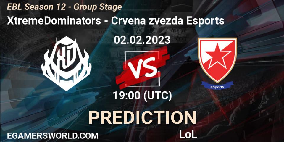 Pronósticos XtremeDominators - Crvena zvezda Esports. 02.02.2023 at 19:00. EBL Season 12 - Group Stage - LoL