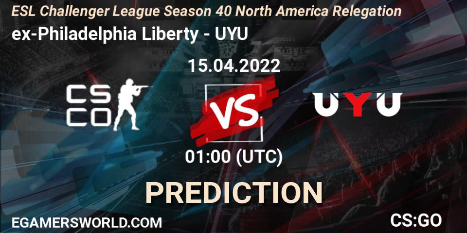 Pronósticos ex-Philadelphia Liberty - UYU. 15.04.2022 at 01:00. ESL Challenger League Season 40 North America Relegation - Counter-Strike (CS2)