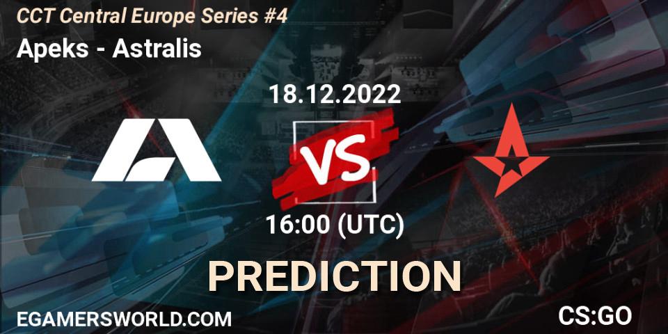 Pronósticos Apeks - Astralis. 18.12.2022 at 15:15. CCT Central Europe Series #4 - Counter-Strike (CS2)