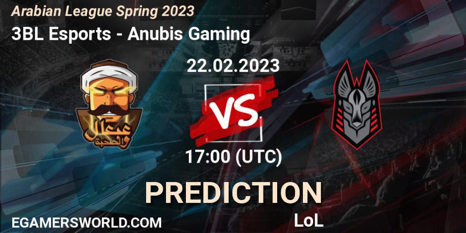 Pronósticos 3BL Esports - Anubis Gaming. 22.02.2023 at 17:00. Arabian League Spring 2023 - LoL