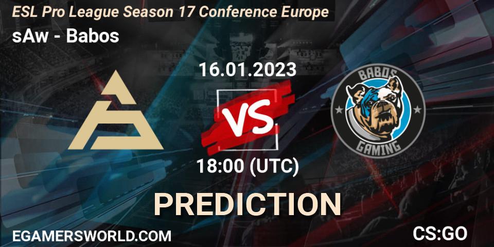 Pronósticos sAw - Babos. 16.01.2023 at 19:30. ESL Pro League Season 17 Conference Europe - Counter-Strike (CS2)