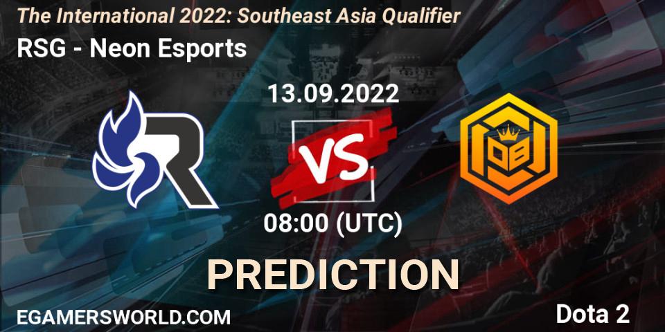 Pronósticos RSG - Neon Esports. 13.09.2022 at 07:19. The International 2022: Southeast Asia Qualifier - Dota 2