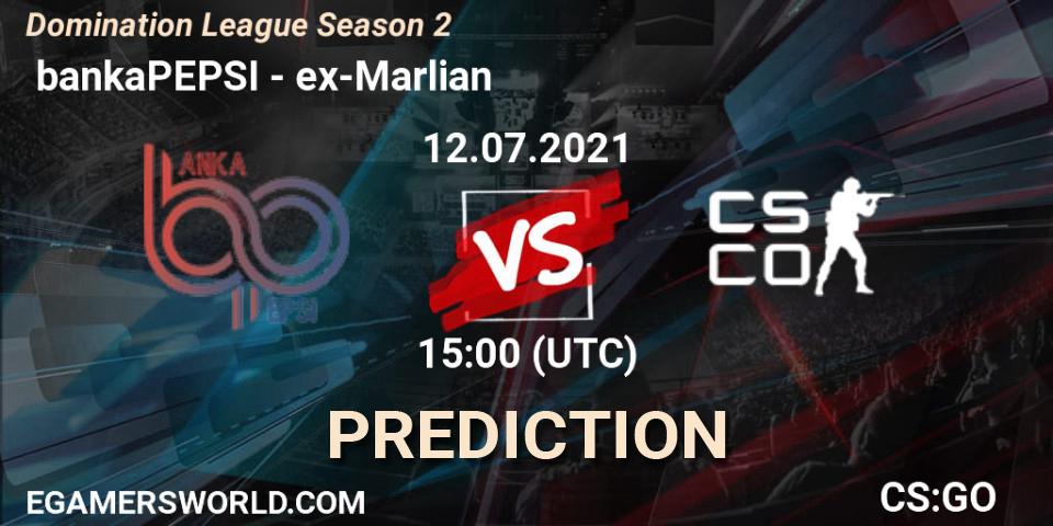 Pronósticos bankaPEPSI - ex-Marlian. 12.07.2021 at 15:00. Domination League Season 2 - Counter-Strike (CS2)