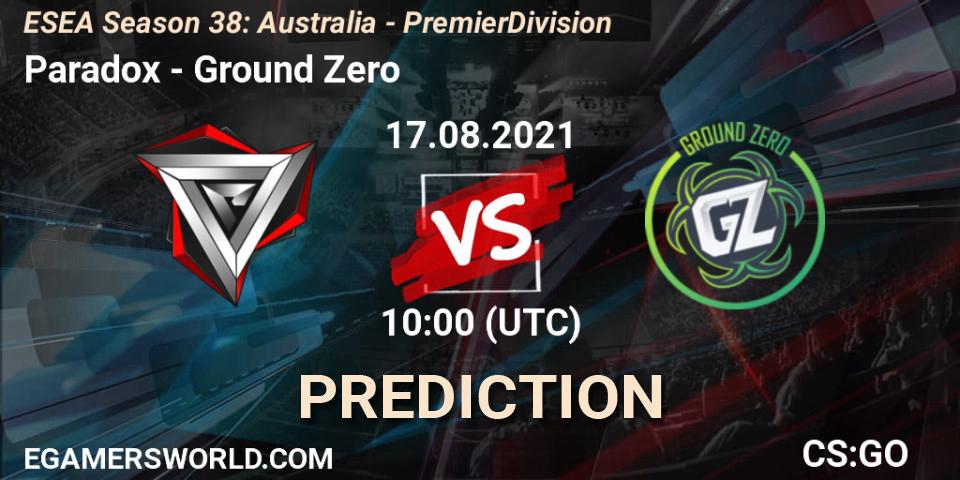 Pronósticos Paradox - Ground Zero. 17.08.21. ESEA Season 38: Australia - Premier Division - CS2 (CS:GO)