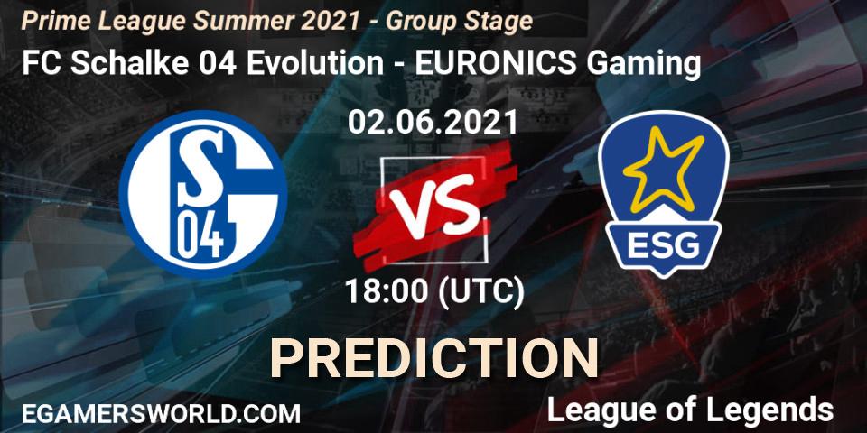 Pronósticos FC Schalke 04 Evolution - EURONICS Gaming. 02.06.21. Prime League Summer 2021 - Group Stage - LoL
