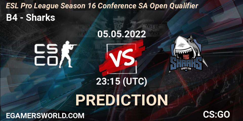 Pronósticos B4 - Sharks. 06.05.2022 at 20:00. ESL Pro League Season 16 Conference SA Open Qualifier - Counter-Strike (CS2)