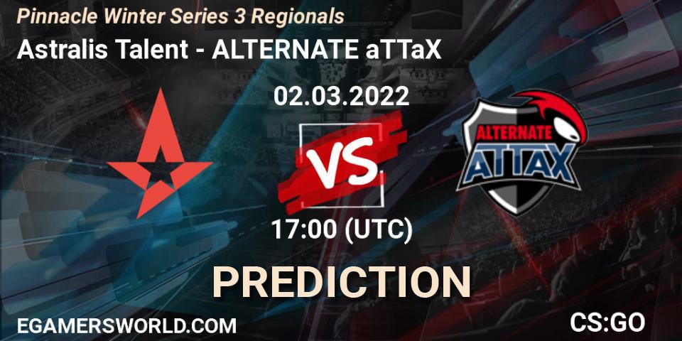 Pronósticos Astralis Talent - ALTERNATE aTTaX. 02.03.2022 at 17:35. Pinnacle Winter Series 3 Regionals - Counter-Strike (CS2)