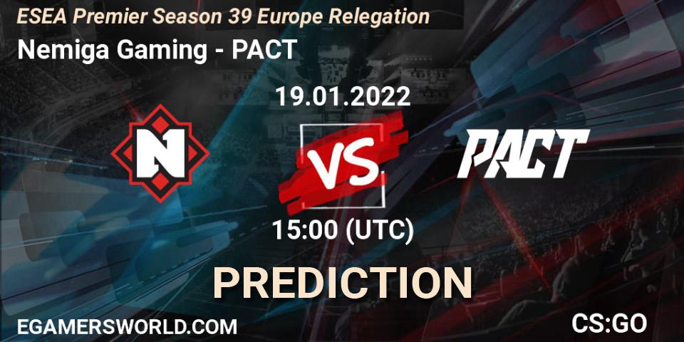 Pronósticos Nemiga Gaming - PACT. 19.01.2022 at 15:00. ESEA Premier Season 39 Europe Relegation - Counter-Strike (CS2)