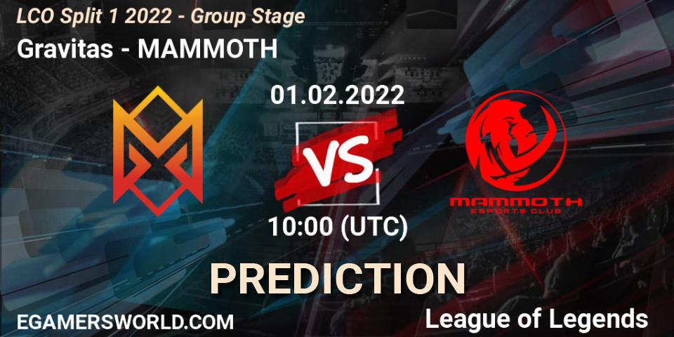 Pronósticos Gravitas - MAMMOTH. 01.02.2022 at 10:00. LCO Split 1 2022 - Group Stage - LoL