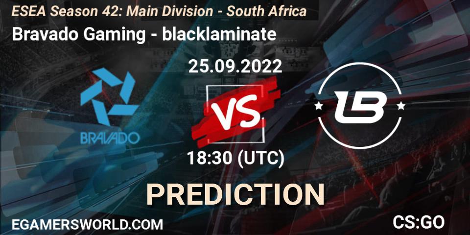 Pronósticos Bravado Gaming - blacklaminate. 26.09.2022 at 17:30. ESEA Season 42: Main Division - South Africa - Counter-Strike (CS2)